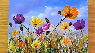 How to paint flower field/acrylic  painting/simple flowers painting/demo.