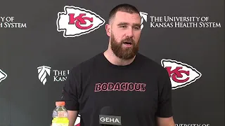 Chiefs' TE Travis Kelce talks with reporters