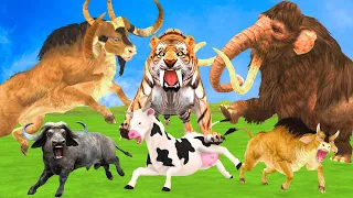 Giant Saber Tooth Tiger Vs Mammoth Elephant Saves Cow Cartoon Attacked By Bulls - Super Mammoth TV