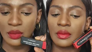 "How Does Mac Cosmetics's Classic Ruby Woo Compare to the New Formular? Lip Swatches