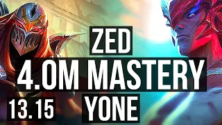 ZED vs YONE (MID) | 4.0M mastery, 7 solo kills, Legendary, 700+ games | NA Challenger | 13.15