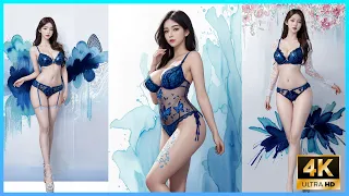 [4k AI girl] AI LOOKBOOK blue Underwear Watercolor art 블루 언더웨어  아트 수채화   アート 水彩ブルーランジェリー