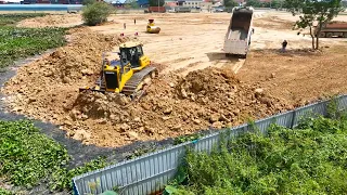 Nice Techniques Development Area , Bulldozer SHANTUI Pushing and Dump Truck unloading