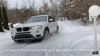TractIon Test 2017 BMW X3 xDrive20d F25 LCI On A 20% Slope with Snow & Ice  | DSC off | xDrive