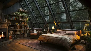 Cozy Attic Bedroom with Fireplace🔥Soothing Rain Sounds for Overcome Stress and Improve Sleep