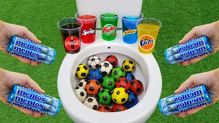Football VS Mentos and Popular Sodas !! Fanta, Coca Cola, Sprite, Schweppes, Fruko in the toilet