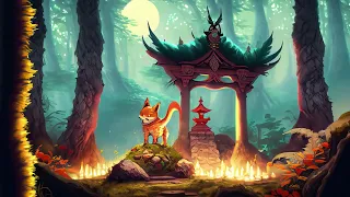 Kitsune protecting a shrine in middle of the magic forest