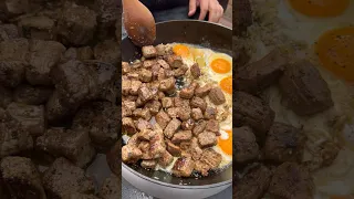 Steak bites and eggs