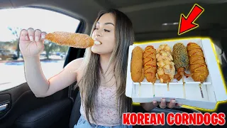TRYING KOREAN CHEESY CORNDOGS FOR THE FIRST TIME **MUKBANG**