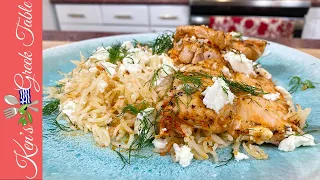 Greek Style Marinated Salmon & Rice Bake | Ken Panagopoulos