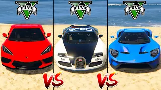 Chevrolet Corvette vs Police Bugatti Veyron vs Ford GT Mk II - GTA 5 Mods Which car is best?