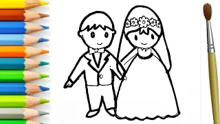 Easy cute simple bride Groom Drawing, painting Colouring kids toddlers | how to draw bride groom