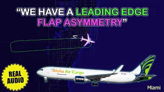 Leading edge flap asymmetry. Aloha Air Cargo Boeing 767 has problem over Miami. Real ATC