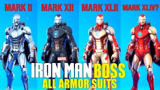 Fortnite Iron Man Boss All Armor Suits showcase (MARK II, MARK XII, MARK XLII, MARK XLIV?)