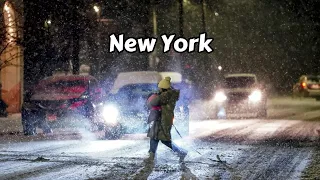 Snowfall Night Walk New York City - Snowing In Manhattan - 4K Virtual Winter Walk - NYC Snow Walk 4k