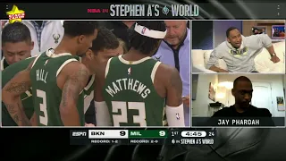 SNL-alum Jay Pharaoh breaks out Stephen A. impression for Mr. Smith himself during Nets-Bucks game