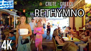 (4K) Rethymno Walking Tour - Greece Crete  - Summer - Streets an taverns during the night