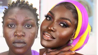 VIRAL 👆 MUST WATCH 😱 MELANIN DARK SKIN MAKEUP TRANSFORMATION 🍫 BRIDAL MAKEUP AND GELE