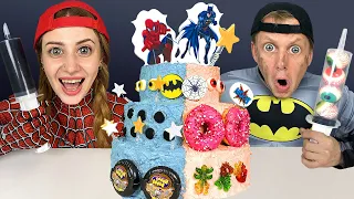 Mukbang Giant Eyeball Jelly Superhero Cake 케이크 먹방 챌린지 Spiderman vs Batman by OM NOM
