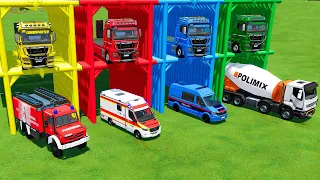 CARS OF COLORS ! TRANSPORTING FIRE DEPARTMENT, AMBULANCE, COLOR POLICE MINIBUS, MIXERE TRUCK ! FS22