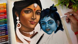 Mother’s Day Drawing,  Krishna Yashoda Maiya Drawing,  Oil Pastel Drawing Tutorial, ( part 2 ) 😍