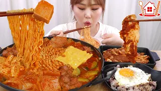 ASMR Mukbang | Cook and eat Budae jjigae (Sausage and ham stew) with soy sauce egg rice