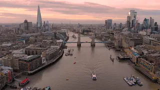 Aerial view of London Eye, the Shard, Tower Bridge, Walkie Talkie and the Gherkin buildings