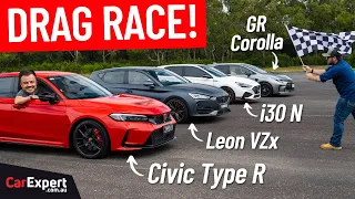 Drag race: GR Corolla v Civic Type R v i30 N v Leon VZx. Forward AND reverse race!