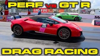 675HP AMG GT R vs 640HP Lamborghini Huracan Performante Spyder 1/4 Mile Drag Racing at Fuel Run