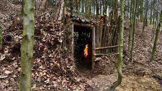 Complex stealth shelter in the woods. Fireplace cooking. #asmr #bushcraft #outdoors #survival