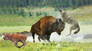 A Baby Bison Calf narrowly Escapes Wolves