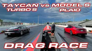 1,020 HP PLAID vs TAYCAN * Tesla Plaid Model S vs Porsche Taycan Turbo S 1/4 Mile Drag Race