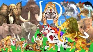 10 Giant Lion Mammoth Bull vs 10 Giant Tiger Attack 10 Zombie Cow Tiger Cub Saved By Woolly Mammoth