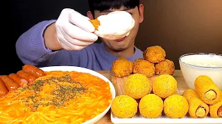 ASMR 매콤한 불닭볶음우동면🔥 뿌링핫도그 뿌링치즈볼 후라이드 닭다리 먹방~! Spicy Cream Noodles With Cheese Ball Hot Dog 🌭MuKBang!