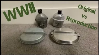 Comparing original and reproduction WWII meat cans and canteens