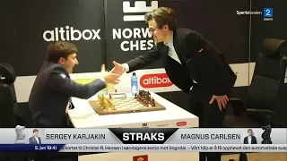FUNNY MOMENT AND CRUSHING VICTORY!!! MAGNUS CARLSEN VS SERGEY KARJAKIN - BLITZ CHESS 2017 NORWAY