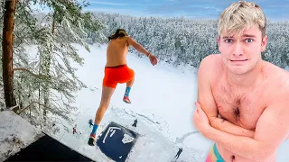 Terrifying 40 feet jump into small Ice Hole