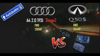 364Hp Infiniti Q50S Hybrid AWD vs 280Hp Audi A4 2.0T Stage2