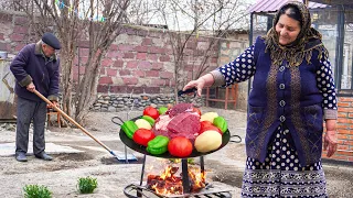 AZERBAIJAN! Juicy BEEF with VEGETABLES Roasting on the Sadj! Our Village's Favorite Meal!