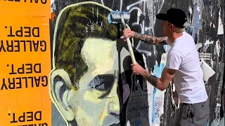 Wheatpasting Street Art in Los Angeles (daytime raw cut 2)