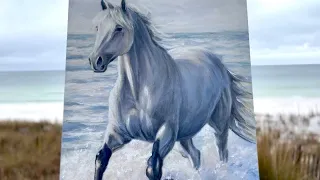 “The Majestic Gallop “ Final Touches On This 24x36 Acrylic White Horse On The Beach Painting |