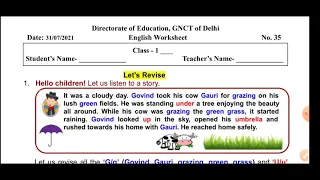 1st Class। Worksheet no. 35। 31/07/2021। English। Doe Worksheet no. 35। Ncertbooks। CLASS- 1।