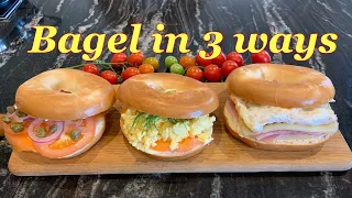 Bagel with smoked salmon, scrambled egg, ham, cheese and fried egg