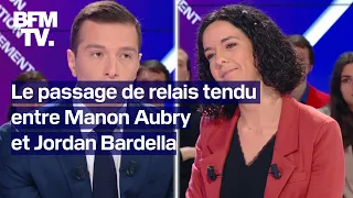 "Sexiste", "député fantôme"... Le passage de relais tendu entre Manon Aubry et Jordan Bardella