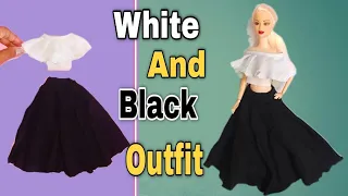 White And Black outfit for Barbie || How To Make Long Skirt Top For Doll || D creating