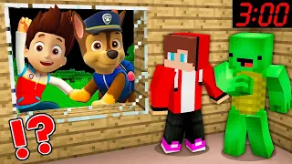 JJ and Mikey HIDE From Scary PAW PATROL.EXE At Night in Minecraft Challenge Maizen