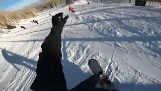Snowboarder Collides With Skier While Snowboarding Downhill Causing Them To Trip And Fall - 1280024