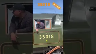 Vintage Steam locomotive train on the main line Crewe 35018 Merchant Navy Class British India Line