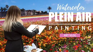 Watercolor Plein Air Painting | The Flower Fields in Carlsbad