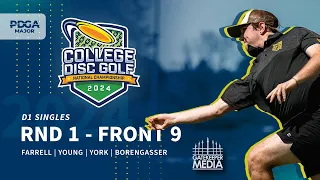 2024 College Disc Golf National Championships | DI Singles R1F9 | Farrell, Young, York, Borengasser